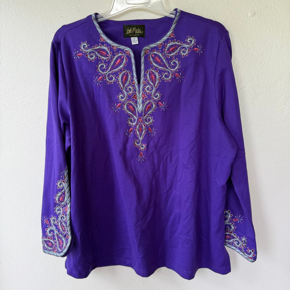 Bob Mackie Wearable Art purple paisley embroidery split neck size 1X - Picture 4 of 11